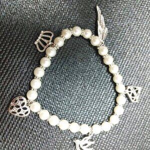3/$30 Glass Pearl Beaded Stretch Bracelet Alloy Charms, heart, crown Rhinestones